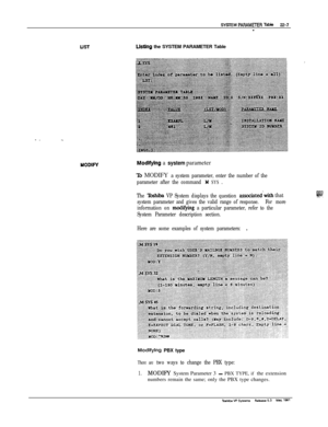 Page 306SY!SlEM PARAMEER Tabie22-7-
LISTLktlng the SYSTEM PARAMETER Table
MODIMModtfying a system parameter
?b MODIFY a system parameter, enter the number of the
parameter after the command 
M SYS .
The 
Tbshiba VP System displays the questionassociated”with that
system parameter and gives the valid range of response.For more
information on 
modiQing a particular parameter, refer to the
System Parameter description section.
Here are some examples of system parameters:,
MOdQlng PBX type
There are two ways to...