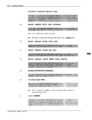 Page 311ALTERNATE TRANSFER COMPLETE CODE
19MAILBOX NUMBERS MATCH USER EXTENSIONS
Refer to the USER Table chapter for details.
VThe values in parameters 22 through 25 apply to new mailhxes only.22
DEFAULT MESSAGE WAITING START HOUR
23DEFAULT MESSAGE WAITING END HOUR
25DEFAULT MESSAGE WAITING RETRY PERIOD (MINUTES)
25
28
31DOUBLE-INTERRUPTED RINGBACK
Iu-The ‘D” character is equal to 5 times the normal delay contained in
System Parameter 
28ALARM NUMBER1 