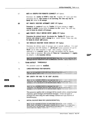 Page 31467NRt MAX BEEPS FOR REMOTE CONNECT (NT Option)
Determines the number of DTMF A tones the Toshiba VP System sends before
determining that the other location is not answering. The value may only be
listed; the default is 20 attempts
68NET REMOTE DELIVERY AlTEMPT LIMIT (NT Option)
Determines 
the number of times the Toshiba VP System attempts to se@ a
message to another location before it returns it to the creator. The value may
only be listed; the default is 20 attempts.
69NEE REMOTE DELAY BEFORE RETRY...