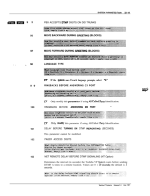 Page 318SYSlEU?AXRAMElE~Table Z-19
m =-- 95
PBX ACCEPTS DTMF DIGITS ON DID TRUNKS
96MOVE BACKWARD DURING GREEllNG (BLOCKS)
97
- __ 96
99
100
101
102
103MOVE FORWARD DURING 
GREEllNG (BLOCKS)
LANGUAGE TYPE
DIf the system uses French language prompts, select “!I”
RINGBACKS BEFORE ANSWERING CX PORT
07Only modify this parameter if using AUCal.led party Identification.
RINGBACKS BEFORE ANSWERING MX PORT.,
lUOnly modify this parameter if using AI/Called Rq Identification.
DELAY BEFORE TURNING ON DTMF REPORTlNG...