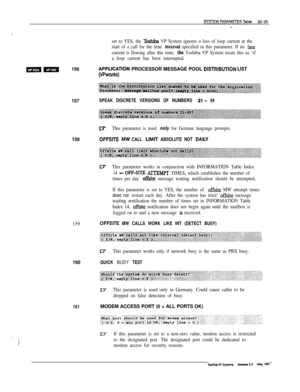 Page 324set to YES, the ‘Rshiba VP System ignores a loss of loop current at the
start of a call for the time 
interval specified in this parameter. If no line
current is flowing after this time, the Toshiba VP System treats this as ‘if
a loop current has been interrupted.156
APPUCATlON PROCESSOR MESSAGE POOL DISTRlBlJTiON LIST
olhvorks)157
SPEAK DISCRETE VERSIONS OF NUMBERS 21- 59
IvThis parameter is used only for German language prompts.158
OFFSlIE MW CALL LlMlT ABSOLUTE NOT DAILY
L!YThis parameter works in...