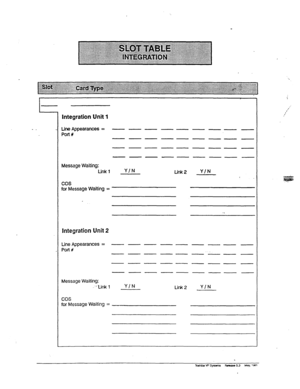 Page 361 
Integration Unit 1 
lhe&pearances= -------- - 
Port# 
---p---- 
~~~--~~~ 
p--p---- 
Message Waiting: 
Link 1 Y/N 
tink2 Y/N 
cos 
for Message Waiting = 
Integration Unit 2 
tine Appearances = - - - - - - - - - 
Port # 
---p---p 
-----p-p 
-------- 
Message Waiting: 
.~-.bnk 1 
‘f/N 
tinkz YIN 
cos 
for Message Waiting =  