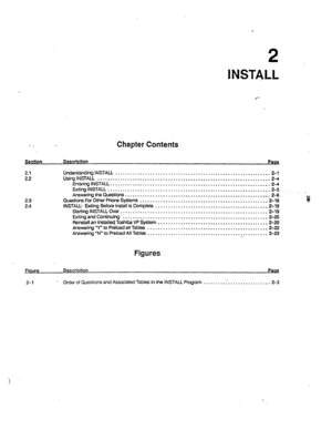 Page 372 
INSTALL 
.‘- 
- - Chapter Contents 
se&ion Descrbtlon Pa- 
21 
22 
2.3 
24 UWerstaMing INSTALL .............................................................. 
2-I 
Using INSTALL ..................................................................... 
2-4 
Entering INSTALL 
............................................................. ...2 . 
Exiting INSTALL ................................................................. 
2-5 
Answering the Questicns...