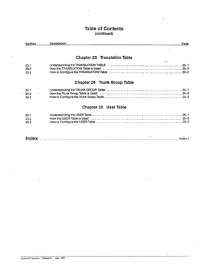 Page 5Table of Contents 
(cmtinuecf) 
23.1 
23.2 
23.3 
Chapter 23 Translation Table 
I.k&ea&n~ the TFtANSlATlON TABLE 
......... ..*...................-.-.~~.........~-, 
How the TRANSlATlON T&b is Used .............................. ..-.......-.~......~- 2 
How to bTfiQm the TRANSUTION Table 
............................................. 23-3 
Chapter 24 Trunk Group Table 
24.1 Lhc%enSn~ the TRUNK GROUP Table 
..................... . ......................... 
24-l 
. 
-24.2 - HowtbeTiunkGmpTable~Used...