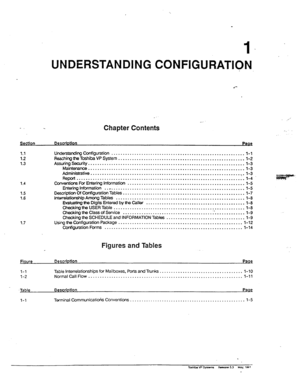 Page 8I- 
- Chapter Contents 
UNDERSTANDING CONFIGURATION 
1.1 
1.2 
1.3 
1.4 
1.5 
1.6 
1.7 U~i~~guration .......................................................... l- 1 
F&aching the Ttiiba VP System ....................................................... 
1-z 
lksurhgmty .................................................................... 
l-3 
Maintenancs .................................................................... 
l-3...