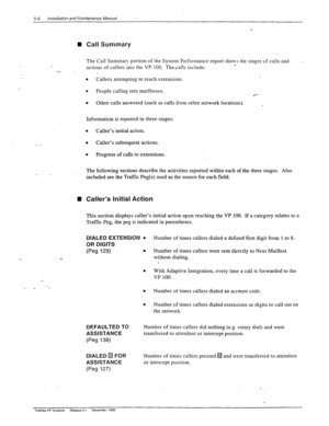 Page 1045-6 installation and h!Sntenance Manual 
q Caller’s Initial A&ion 
. 
Call Summary 
The Call Summary portion of the System Performance report shows the stages of calls and 
actions of callers inro the VP 100: Thecalls include: 
. Callers attempting to reach extensions. 
. 
People calling into mailboxes. 
.*- 
l Other calls answered (such as calls from other network locations). 
Information is reported in three stages: 
. 
Caller’s initial action. 
. 
Caller’s subsequent actions. 
. 
Progress of calls to...