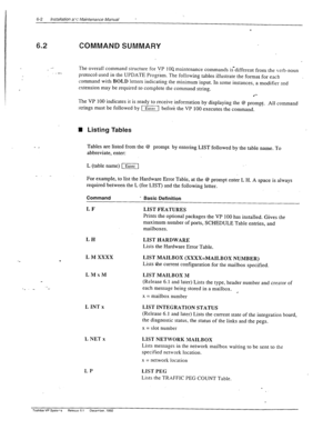 Page 1356-2 lnstallafion a-1: Maintenance Manual ’ 
6.2 COMMAND SUMMARY 
_- 
,- The overall command structure for ,VP 1 OQ maintenance commands is-different from the 1.erb-noun 
protocol--used in the UPDATE Program. The following tables illustrate the format for each 
command with 
BOLD letters indicating the minimum input. In some instances, a modifier and 
extension may be required to complete the command string. 
l *- 
The VP 
100 indicates it is ready to receive information by displaying the @ promp_t. All...