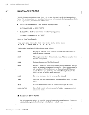 Page 1716-38 installation and Maintenance Manual 
HARDWARE ERRORS 
The VP 100 logs each hardware error. along Lvith its date, time, and type, in the HardLvare Error 
Table. This section explains how to read and intfrpret the information in the Hardware Error Table. 
It also suggests some probable causes and remedies. 
0 To LIST the Hardware Error Table, from the @ prompt, enter: 
a*- 
LIST HARDWW or (L H) 1-1 
. 
l To CLEAR the Hardware Error Table, from the @ prompt, enter: 
CLEAR HARDW.m or (C H) -1 
- _...