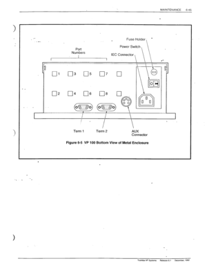 Page 178MAINTENANCE 
6-45 
__ 
.._ . Fuse Holder, - 
Power Switch 
Port 
Numbers 
IEC Connector 
I 
I I 
d- 
 
II  
 
OI’ 
cl’ cl3 cl5 cl7 cl 
- _ 
cl2 04 0.6 08 
_. - 
I A 1 
I 
I 
 
/ . * 
Term 1 Term 2 
AUX 
Connector 
Figure &!5 VP 100 Bottom View of Metal Enclosure 
. 
. 
Toshiba VP Systems 
Release 6.1 December. 1992  