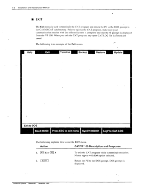 Page 2027-8 Installation and Maintenance Manual 
n EXIT 
The Exit menu is used to terminaie the C,\T program and return rhe PC to the DOS prompt in _ 
the C:\VMXCAT subdirectory. Prior to qiting the CAT program. make sure your 
communication session with the seiected s-stem is complete and that the 0 prompt is displayed 
from the VP 100. When you exit the CAT program. any open CAT.LOG file is closed and 
saved. 
The following is an example of the 
Exit screen. .*- 
. 
. . 
Exit to DOS 
The following explains how...