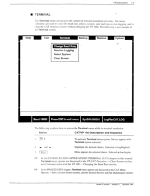 Page 203PROCEDURES 7-O 
) q TERMINAL 
The Terminal menu oprions provide control of terminal emulation activities. The menu 
i:iection- are used to 