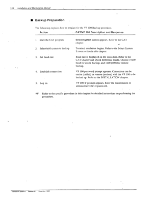 Page 2067-12 Installation and Maintenance Manual 
n Backup Preparation 
The following explains how to prepare for the VP 100 Backup procedure. 
Action , CATVVP 100 Description and Response 
1. Start the CAT program 
2. Select/add system to backup 
3. Set baud rate 
4. Establish connection 
5. Log on 
Select System screen appears. Refer to the CAT 
chapter. 
l *- 
Terminal emulation begins. Refer to the Select System 
Screen section in this chapter. 
Baud rate is displayed on the status line. Refer to the 
CAT...