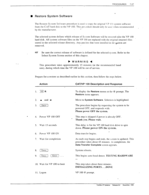 Page 221‘ROCEDURES 7-27 
- _ 
q Restore System Software 
The Restore System Software procedure is used to copy the original \.P I r:*i:i system soft\sare 
from the CAT hard disk 
IO the VP 100. This prccedure should only be us:? t.vhen recommended 
by the manufacturer. . 
The selected system defines which release of System Software will be restored onto the’VP 100 
hard disk. All system software files on the VP 100 are replaced with the original (master) files 
stored in the seiected reiease directory. Any...