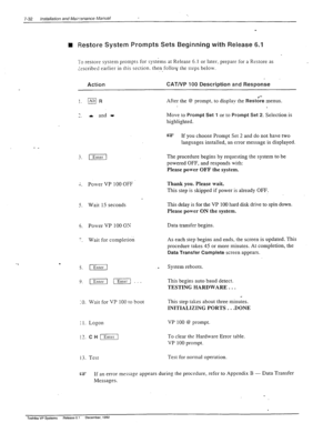 Page 226.. 
7-32 Installation and Mairznance Manual 
n Restore System Prompts Sets Beginning with Release 6.1 
To restore system prompts for systems at Release 6.1 or later, prepare for a Restore as 
t=scribed earlier in this section. then follovy the steps below. 
~ 
Action CAT/VP 100 Description and Response 
: IEnrrr) 
_. 
’ -_ Power VP 100 OFF 
5. Wait 15 seconds This delay is for the VP 100 hard disk drive to spin down. 
Please power ON the system. 
5. Power VP 100 OS 
-_ Wait for completion Data transfer...