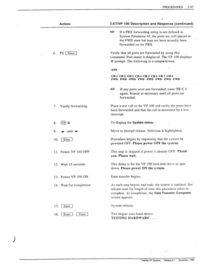 Page 241PROCEDURES 7-47 
Action CATNP 100 Description and Response (continued) 
~3 
If a PBX forwarding string is not defined in 
System Parameter 45, the ports are still placed in 
the FWD state but may not have actually been 
. 
forwarded on the PBX. 
6. PS j[ 
7. Verify forwarding 
8. /AltlU 
9. or and t 
10. [Enter] 
11. PowerVP lOOOFF 
12. Wait 15 seconds. 
13. Power VP 100 ON Data transfer begins. 
14. Wait for completion As each step begins and ends. the screen is updated. See 
release note for length of...