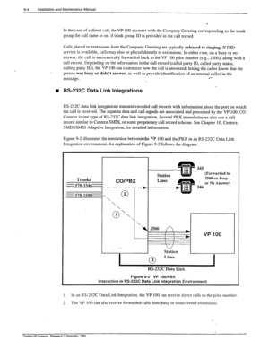 Page 2759-4 Installation and Maintenance Manual 
In the case of a direct call, the VP 100 answers with the Company Greeting corresponding to the trunk 
group the call came in on, if trunk group ID is provided in the call record. . 
\. 
n 
Calls placed to extensions from the Company Greeting are typically released to ringing. If DID 
service is available, calls may also be placed directly to extensions. In either case, on a busy or no 
answer, the call is automatically forwarded back to the VP 100 pilot number...