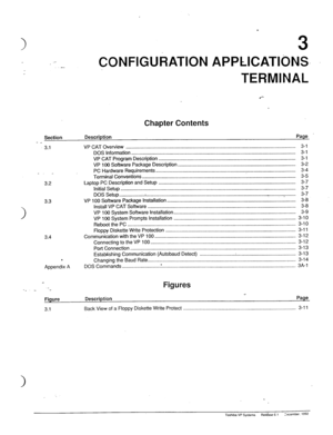 Page 34‘3 
.- CONFIGURATION APPLICATIONS 
.- 
TERMINAL 
Chapter Contents 
Section Description Page ’ 
3.1 
_. _ 
3.2 
3.3 
3.4 
-. . 
Appendix A VP CAT @erview 
............................................................................................................................ 3-l 
DOS Information ........................................................................................................................ 3-1 
VP CAT Program Description...