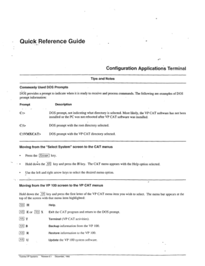 Page 38- Quick Reference Guide 
..- . 
Configuration Application& Terminal 
Tips and Notes 
Commonly Used DOS Prompts 
I%% 
provides a prompt to indicate when it is ready to receive and process commands. The following are examples of DOS 
prompt information: 
Prompt Description 
c:> DOS prompt, not indicating what directory is selected. Most likely, the VP CAT software has not been 
installed or the PC was not rebooted after VP CAT software was installed. 
C:b DOS prompt with the mot directory selected....