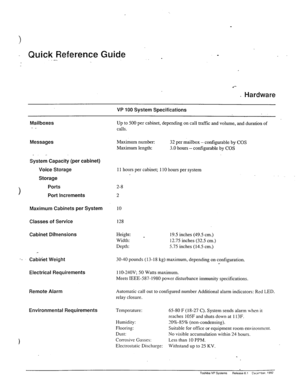 Page 8- Quick Reference Guide .- 
.‘- 
. Hardware 
VP 100 System Specifications . 
Mailboxes - _ Up to 500 per cabinet, depending on call traffic and volume, and duration of 
calls. 
Messages Maximum number: 
Maximum length: 
_. _ 
System Capacity (per cabinet) 
Voice Storage 
Storage 
 
) Ports 
Port Increments 
11 hours per cabinet; 110 hours per system 
2-8 
2 
Maximum Cabinets per System 
Classes of Service 10 
128 
-. 
Cabinet DiFnensions Height: 
Width: 
* 
Depth: 
-. 
Cabinet Weight 
Electrical...