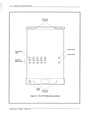 Page 74’ 4-18 InstallSion and Maintenance Manual 
. . _- 
.- Mounfing 
Locations 
Card Reset 
LEDs 
______----------- 
\$?J 0 
0 
0 0) 
\____________------ 
Channel 
Status 
LEDs 
01 03 
05 
07 0 
(32 04 
06 
08 0 
Locations Alarm LED 
Power LED 
Figure 4-4 The VP 100 Mounting Locations 
Toshiba VP Systems Release 6.1 December, 1992  