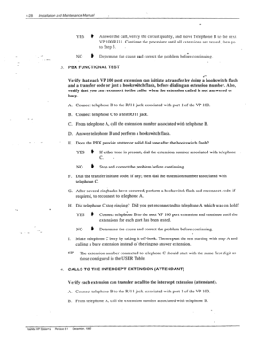 Page 844-28 installation zd Maintenance Manual I 
YES ti Answer the call, verify the circuit quality, and move Telephone B to the nest 
VP 100 RJ 1 1. Continue the procedure until all extensions are tested. then go :I 
to Step 3. 
_ 
NO * 
Determine the cause and correct the problem befoie continuing. 
3. 
PBX FUNCTIONAL TEST 
Verify that each VP 100 port extension can initiate a transfer by doing i bookstitch flash 
and a transfer code or just a bookswitch flash, before dialing an extension number. Also,...