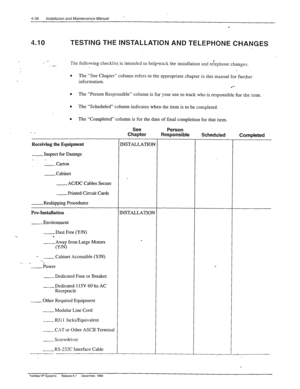 Page 92’ 4-36 Installakm and Maintenance Manual 
4.10 TESTING THE INSTALLATION AND TELEPHONE CHANGES 
-‘; 
.- .._ The following checklist:is intended to help~trask the installation and telephone changes. 
. The “See Chapter” column refers to the appropriate chapter in this manual for further 
information. 
.*- 
l The “Person Responsible” column is for your use to track who is responsible for the irem. 
l The “Scheduled” column indicates when the item is to be completed. 
l The “Completed” column is for the date...