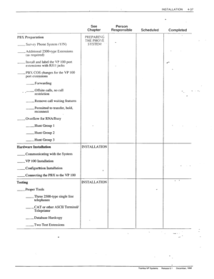 Page 93INSTALLATION 
4-37 
PBS Preparation 
_Sur\-s; Phone System (Y/N) 
_Addirional 2500-type Extensions 
(as required) 
_Insrsll and label the VP 100 port 
esrensions with RJ 
11 jacks 
_ PBS COS changes for the VP 100 
pon sste?sions 
_ Forwarding 
_Offsite calls, no call 
- _ 
restriction 
-Remove call waiting features 
-Permitted to transfer, hold, 
reconnect 
_Overflow for RNA/Busy 
-Hunt Group 1 
-Hunt Group 2 
-Hunt Group 3 
Hardware Installation 
_Communicating with the System 
__..__VP 100...