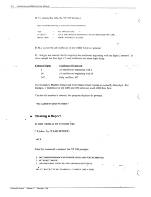 Page 1005-2 Installation and Mainfenance Manual 
If ? is entered for help. the VP 100 displays: 
Enter one of the following to selrcr one or more mailboxes: 
“ALL” - ALL MAILBOXES. * 
1-8 DIGITS - OSLY MAILBOXES BEGINNISG WITH THIS DIGIT PATTERN. 
EMPTY LINE - ABORT WITHOUT ACTION. 
, 
If ALL is entered, all mailboxes in the USER Table are printed. 
If 1-8 digits are entered. the list displays the mailboxes beginning with the digit(s) entered. In 
this example the first digit is 5 and mailboxes are three digits...