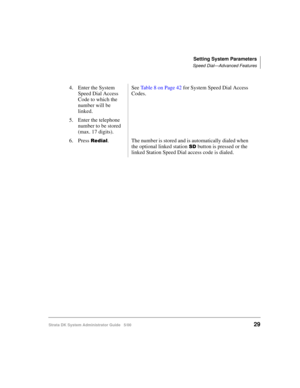 Page 39Setting System Parameters
Speed Dial—Advanced Features
Strata DK System Administrator Guide   5/0029
4. Enter the System 
Speed Dial Access 
Code to which the 
number will be 
linked.See Table 8 on Page 42 for System Speed Dial Access 
Codes.
5. Enter the telephone 
number to be stored 
(max. 17 digits).
6. Press 
	. The number is stored and is automatically dialed when 
the optional linked station 
 button is pressed or the 
linked Station Speed Dial access code is dialed. 