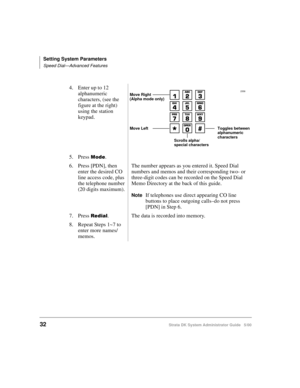 Page 42Setting System Parameters
Speed Dial—Advanced Features
32Strata DK System Administrator Guide   5/00
4. Enter up to 12 
alphanumeric 
characters, (see the 
figure at the right) 
using the station 
keypad.
5. Press 
.	.
6. Press [PDN], then 
enter the desired CO 
line access code, plus 
the telephone number 
(20 digits maximum).The number appears as you entered it. Speed Dial 
numbers and memos and their corresponding two- or 
three-digit codes can be recorded on the Speed Dial 
Memo Directory at the...