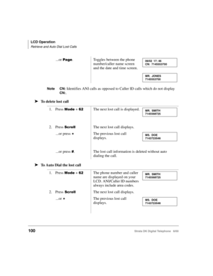 Page 112LCD Operation
Retrieve and Auto Dial Lost Calls
100Strata DK Digital Telephone   6/00
Note CN: Identifies ANI calls as opposed to Caller ID calls which do not display 
CN:.
➤To delete lost call
➤To Auto Dial the lost call
...or 
.Toggles between the phone 
number/caller name screen 
and the date and time screen.
1. Press 
	 + & The next lost call is displayed.
2. Press The next lost call displays.
...or press %The previous lost call 
displays.
...or press .The lost call information is deleted...