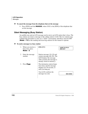 Page 122LCD Operation
Messages
110Strata DK Digital Telephone   6/00
➤To cancel the message from the telephone that set the message
➤
Press [PDN] and dial & ===, where XXX is the [PDN] of the telephone that 
set the message.
Silent Messaging (Busy Station)
An audible tone and an LCD message can be sent to an LCD station that is busy. The 
busy station can return a message to the calling station’s LCD. The two stations may 
continue this procedure to carry on a “silent” conversation. Soft Keys must be OFF 
(

...