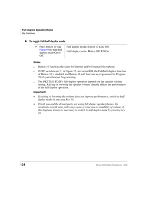 Page 136Full-duplex Speakerphone
Dip Switches
124Strata DK Digital Telephone   6/00
➤To toggle full/half-duplex mode
Notes
Button 10 functions the same for Internal and/or External Microphone.
If DIP switch 6 and 7, in Figure 12, are turned Off, the Full/half-duplex function 
of Button 10 is disabled and Button 10 will function as programmed in Program 
39 of system/station Programming.
The DKT2020-FDSP’s full-duplex operation depends on the speaker volume 
setting. Raising or lowering the speaker volume...