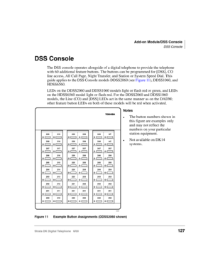 Page 139Add-on Module/DSS Console
DSS Console
Strata DK Digital Telephone   6/00127
DSS Console
The DSS console operates alongside of a digital telephone to provide the telephone 
with 60 additional feature buttons. The buttons can be programmed for [DSS], CO 
line access, All Call Page, Night Transfer, and Station or System Speed Dial. This 
guide applies to the DSS Console models DDSS2060 (see Figure 11), DDSS1060, and 
HDSS6560.
LEDs on the DDSS2060 and DDSS1060 models light or flash red or green, and LEDs...