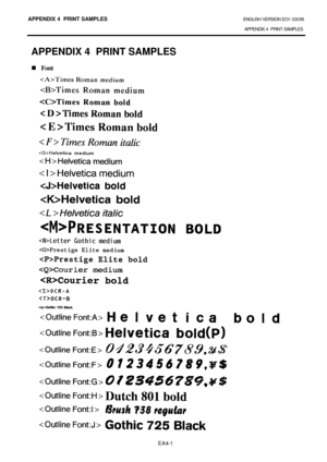 Page 105APPENDIX 4  PRINT SAMPLES ENGLISH VERSION EO1-33036 
APPENDIX 4  PRINT SAMPLES 
EA4-1 APPENDIX 4  PRINT SAMPLES 
n Font  
 
                                                           