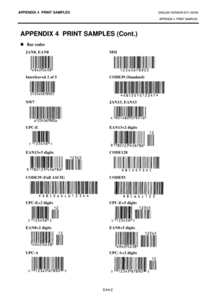 Page 106APPENDIX 4  PRINT SAMPLES ENGLISH VERSION EO1-33036 
APPENDIX 4  PRINT SAMPLES 
EA4-2 APPENDIX 4  PRINT SAMPLES (Cont.) 
n Bar codes 
JAN8, EAN8 MSI 
 
 
 
 
Interleaved 2 of 5 CODE39 (Standard) 
 
 
 
 
NW7 JAN13, EAN13 
 
 
 
 
UPC-E EAN13+2 digits 
 
 
 
 
EAN13+5 digits CODE128 
 
 
 
 
CODE39 (Full ASCII) CODE93 
 
 
 
 
UPC-E+2 digits UPC-E+5 digits 
 
 
 
 
EAN8+2 digits EAN8+5 digits 
 
 
 
 
UPC-A UPC-A+2 digits 
 
 
 
                     