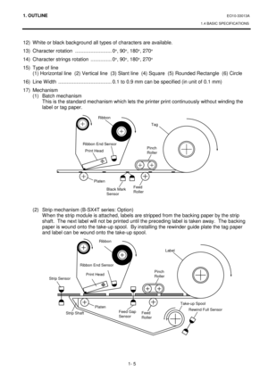 Page 1231. OUTLINE EO10-33013A 
1.4 BASIC SPECIFICATIONS
 
1- 5 
12)  White or black background all types of characters are available. 
13) Character rotation  .......................... 0
°, 90°, 180°, 270° 
14)  Character strings rotation  ............... 0
°, 90°, 180°, 270° 
15)  Type of line 
  (1) Horizontal line  (2) Vertical line  (3) Slant line  (4) Square  (5) Rounded Rectangle  (6) Circle 
16)  Line Width  ...................................... 0.1 to 0.9 mm can be specified (in unit of 0.1 mm) 
17)...