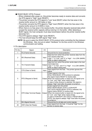 Page 1261. OUTLINE EO10-33013A 
1.5 ELECTRONICS SPECIFICATIONS
 
1- 8 
„ READY/BUSY (RTS) Protocol 
• When initialized after power on, this printer becomes ready to receive data and converts 
the RTS signal to High level (READY). 
• The printer converts the RTS signal to “Low” level (BUSY) when the free area in the 
receive buffer amount to 10K bytes or less. 
• The printer converts the RTS signal to “High” level (READY) when the free area in the 
receive buffer amount to 512KB or more. 
• When there is no free...