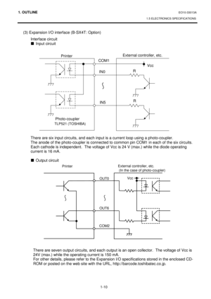 Page 1281. OUTLINE EO10-33013A 
1.5 ELECTRONICS SPECIFICATIONS
 
1-10 
  (3) Expansion I/O interface (B-SX4T: Option) 
Interface circuit 
 
„ Input circuit
 
 
 
 
 
 
 
 
 
 
 
 
 
 
 
 
 
 
 
 
 
  There are six input circuits, and each input is a current loop using a photo-coupler. 
  The anode of the photo-coupler is connected to common pin COM1 in each of the six circuits.  
Each cathode is independent.  The voltage of Vcc is 24 V (max.) while the diode operating 
current is 16 mA. 
 
„  Output circuit...