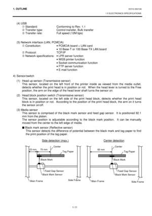 Page 1291. OUTLINE EO10-33013A 
1.5 ELECTRONICS SPECIFICATIONS
 
1-11 
 (4) USB 
 c Standard:  Conforming to Rev. 1.1  
 
d Transfer type:  Control transfer, Bulk transfer 
 
e Transfer rate:  Full speed (12M bps) 
 
 
  (5) Network interface (LAN, PCMCIA) 
 c Constitution: 
· PCMCIA board + LAN card 
  
· 10 Base-T or 100 Base-TX LAN board  
 
d Protocol:  TCP/IP 
 
e Network specifications: 
· LPR server function 
  
· WEB printer function 
  
· Socket communication function 
  
· FTP server function 
  
·...