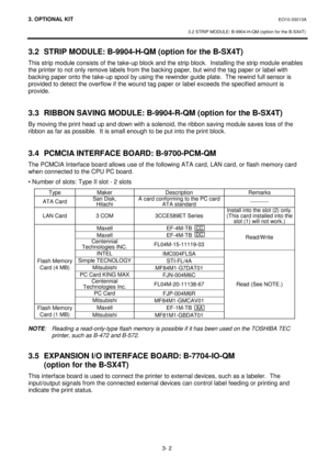 Page 1393. OPTIONAL KIT EO10-33013A 
 
3.2 STRIP MODULE: B-9904-H-QM (option for the B-SX4T)
 
3- 2 
3.2  STRIP MODULE: B-9904-H-QM (option for the B-SX4T) 
This strip module consists of the take-up block and the strip block.  Installing the strip module enables 
the printer to not only remove labels from the backing paper, but wind the tag paper or label with 
backing paper onto the take-up spool by using the rewinder guide plate.  The rewind full sensor is 
provided to detect the overflow if the wound tag...