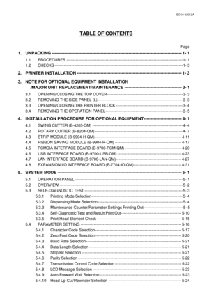 Page 145EO18-33012A 
 
TABLE OF CONTENTS 
 
 Page 
1. UNPACKING --------------------------------------------------------------------------------------------- 1- 1 
 1.1 PROCEDURES ----------------------------------------------------------------------------------------- 1- 1 
 1.2 CHECKS -------------------------------------------------------------------------------------------------- 1- 3 
2.  PRINTER INSTALLATION --------------------------------------------------------------------------- 1- 3 
3.  NOTE FOR...