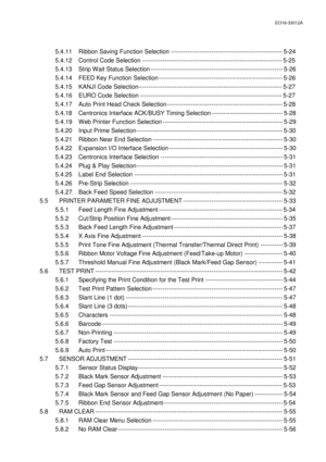 Page 146EO18-33012A 
 
      5.4.11  Ribbon Saving Function Selection ------------------------------------------------------- 5-24 
      5.4.12  Control Code Selection --------------------------------------------------------------------- 5-25 
      5.4.13  Strip Wait Status Selection ----------------------------------------------------------------- 5-26 
      5.4.14  FEED Key Function Selection ------------------------------------------------------------- 5-26 
      5.4.15  KANJI Code...