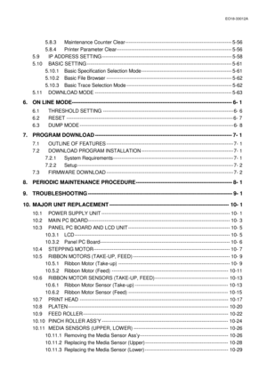 Page 147EO18-33012A 
 
      5.8.3  Maintenance Counter Clear---------------------------------------------------------------- 5-56 
      5.8.4  Printer Parameter Clear--------------------------------------------------------------------- 5-56 
  5.9  IP ADDRESS SETTING ------------------------------------------------------------------------------ 5-58 
 5.10 BASIC SETTING --------------------------------------------------------------------------------------- 5-61 
      5.10.1  Basic Specification Selection Mode...