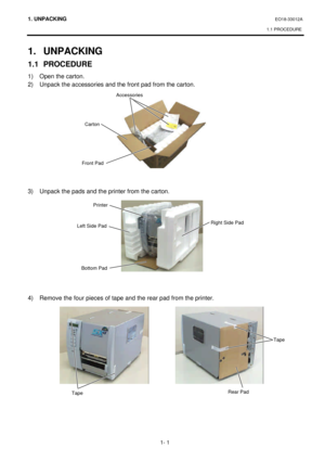 Page 1491. UNPACKING EO18-33012A 
1.1 PROCEDURE 
 
1- 1 1. UNPACKING 
1.1 PROCEDURE 
1) Open the carton. 
2) Unpack the accessories and the front pad from the carton. 
 
 
 
 
 
 
 
 
 
 
 
 
3) Unpack the pads and the printer from the carton. 
 
 
 
 
 
 
 
 
 
 
 
 
4) Remove the four pieces of tape and the rear pad from the printer. 
 
 
 Carton Accessories 
Front Pad  Printer 
Bottom Pad Right Side Pad Left Side Pad  Tape 
Rear Pad Tape    