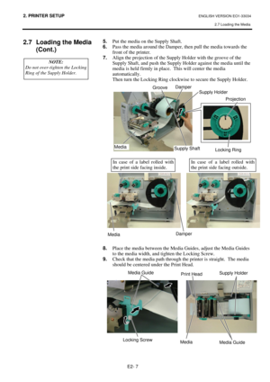 Page 192. PRINTER SETUP ENGLISH VERSION EO1-33034 
2.7 Loading the Media
 
E2- 7 
 
 
2.7  Loading the Media 
(Cont.) 
 
 
 
 
 
 
 
 
 
 
 
 
 
 
 5.
  Put the media on the Supply Shaft. 
6.
  Pass the media around the Damper, then pull the media towards the 
front of the printer.  
7.
  Align the projection of the Supply Holder with the groove of the 
Supply Shaft, and push the Supply Holder against the media until the 
media is held firmly in place.  This will center the media 
automatically. 
Then turn the...