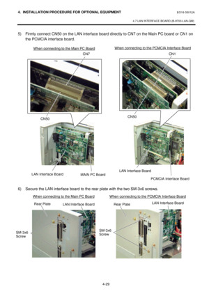 Page 1864. INSTALLATION PROCEDURE FOR OPTIONAL EQUIPMENT EO18-33012A 
 
4.7 LAN INTERFACE BOARD (B-9700-LAN-QM) 
 
4-29 5) Firmly connect CN50 on the LAN interface board directly to CN7 on the Main PC board or CN1 on 
the PCMCIA interface board.  
 
 
 
 
 
 
 
 
 
 
 
 
 
 
 
 
 
 
 
 
 
 
 
 
 
 
 
6) Secure the LAN interface board to the rear plate with the two SM-3x6 screws. 
 
 When connecting to the Main PC Board When connecting to the PCMCIA Interface Board  LAN Interface Board MAIN PC BoardCN50 CN7   LAN...