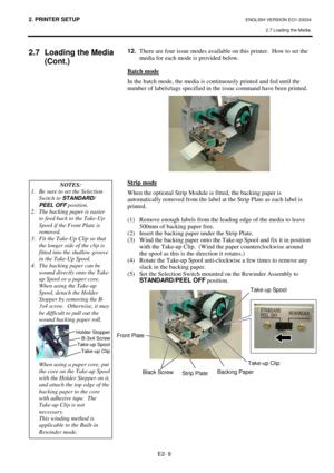 Page 212. PRINTER SETUP ENGLISH VERSION EO1-33034 
2.7 Loading the Media
 
 
E2- 9 
2.7  Loading the Media 
(Cont.) 
 12.
  There are four issue modes available on this printer.  How to set the  
  media for each mode is provided below.  
 
Batch mode
 
In the batch mode, the media is continuously printed and fed until the 
number of labels/tags specified in the issue command have been printed.  
 
 
 
 
 
 
 
 
 
 
 
 
 
Strip mode
 
When the optional Strip Module is fitted, the backing paper is 
automatically...