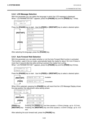 Page 2125. SYSTEM MODE  EO18-33012A 
 
5.4 PARAMETER SETTING
 
5-23 
  5.4.8  LCD Message Selection 
With this parameter you can select the language in which the LCD message is displayed.   
When “PARAMETER SET” appears, press the [PAUSE]
 key and the [FEED]
 key 7 times. 
 
 
 
 Press the [PAUSE]
 key to start.  Use the [FEED]
 or [RESTART]
 key to select a desired option.
 
 
 
 
 
 
 
 
 
 
 
 After selecting the language, press the [PAUSE]
 key. 
 
  5.4.9  Auto Forward Wait Selection 
With this parameter...