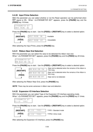 Page 2195. SYSTEM MODE  EO18-33012A 
 
5.4 PARAMETER SETTING
 
5-30 
 5.4.20  Input Prime Selection 
With this parameter you can select whether or not the Reset operation can be performed when 
INIT signal is ON.  When “PARAMETER SET” appears, press the [PAUSE]
 key and the 
[FEED]
 key 19 times. 
 
 
 
 Press the [PAUSE]
 key to start.  Use the [FEED]
 or [RESTART]
 key to select a desired option.
 
 
 
 
 
 
 After selecting the Input Prime, press the [PAUSE]
 key. 
 
  5.4.21  Ribbon Near End Selection 
With...